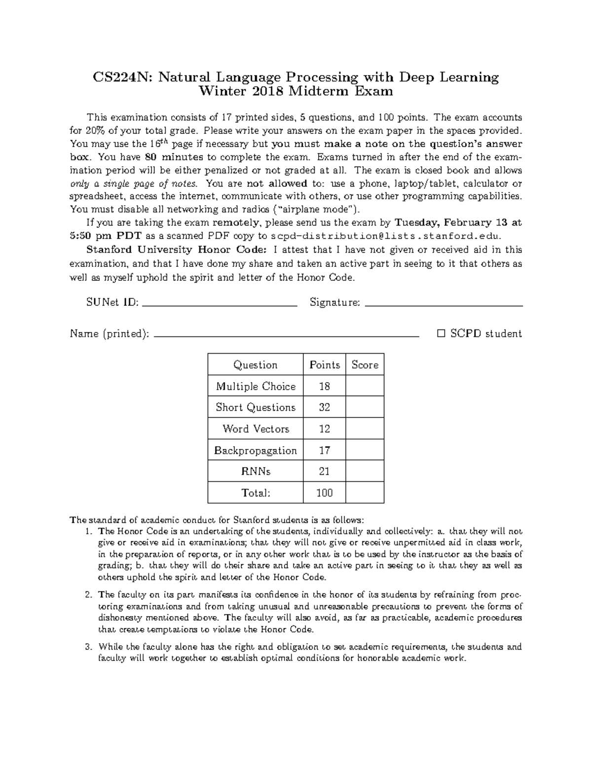 CS224N Midterm 2018 Solutions: Deep Learning for NLP Exam - Studocu
