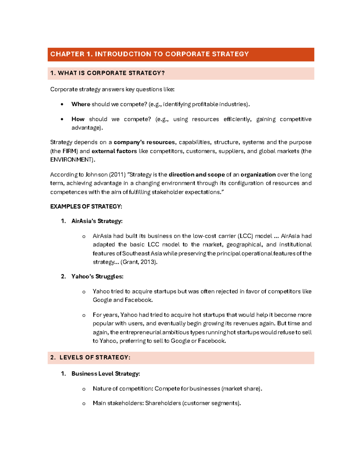 CHAPTER 1: INTRODUCTION TO CORPORATE STRATEGY AND LEVELS OF STRATEGY ...