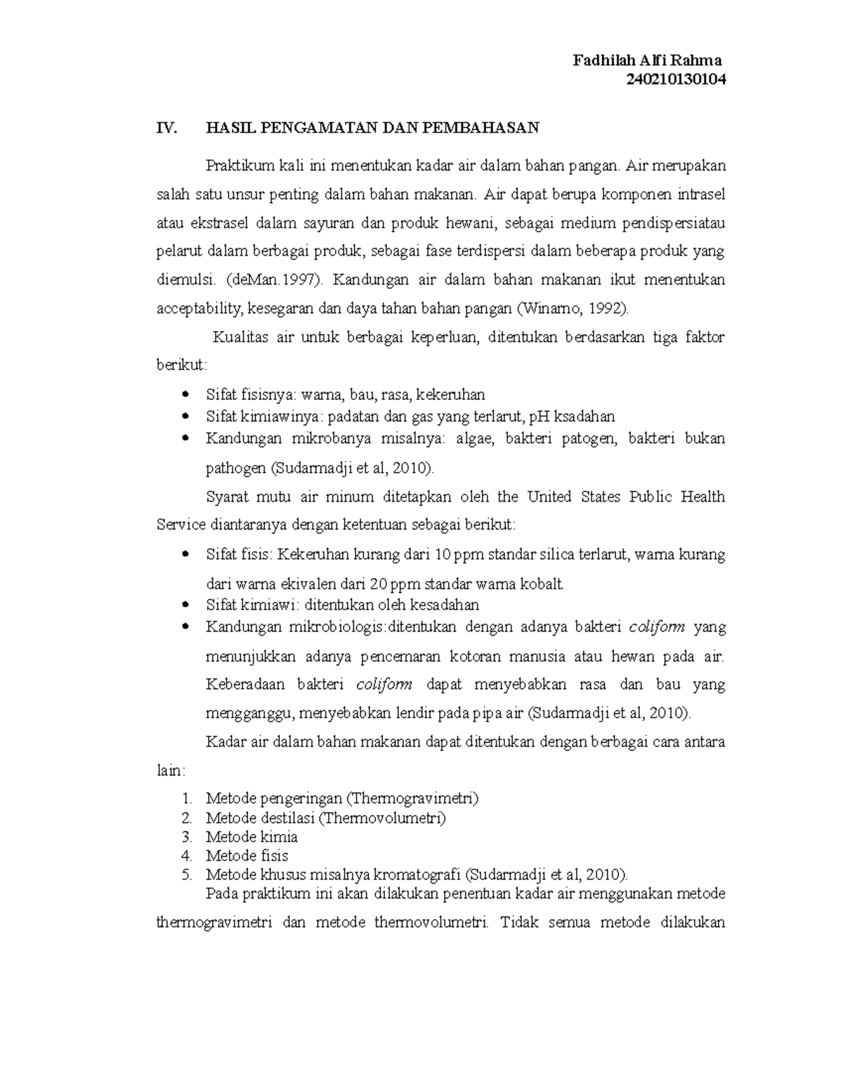 Praktikum Kadar Air Pangan - Metode Thermogravimetri & Thermovolumetri (240210130104) - Document Preview