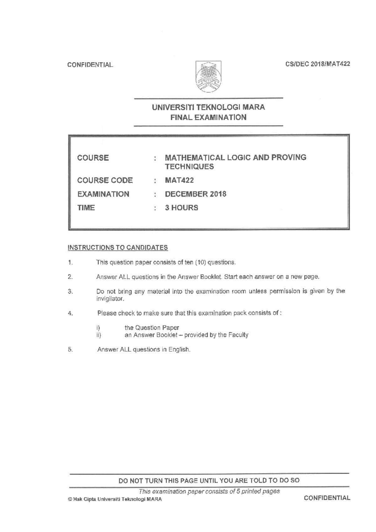 Mat422 final examination paper on mathematical logic and proving ...