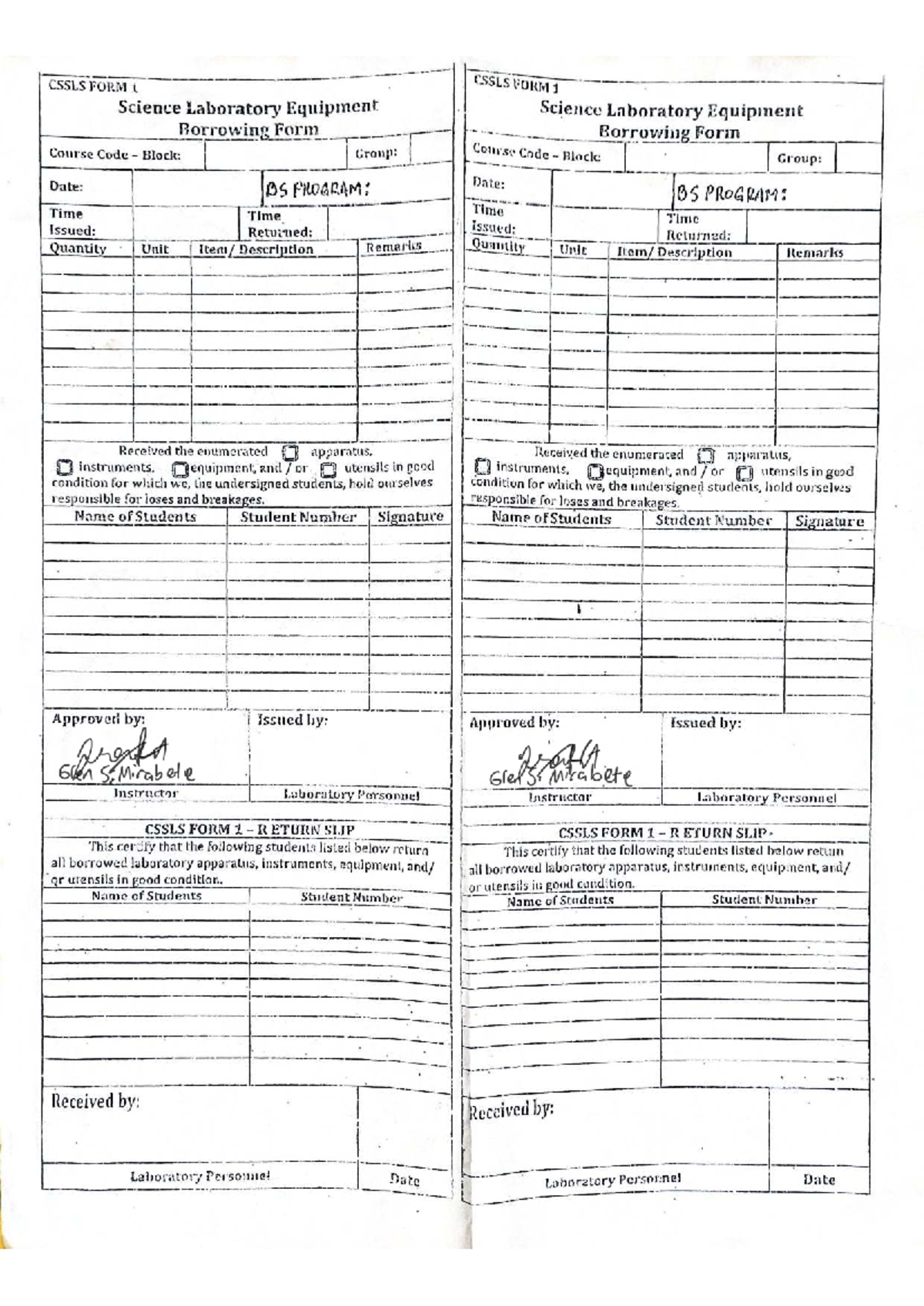 CSSLS FORM 1: Science Lab Equipment Borrowing Form - Studocu