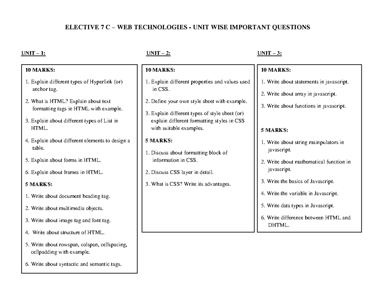 ELECTIVE 7 C WEB TECHNOLOGIES UNIT WISE IMPORTANT QUESTIONS - Studocu