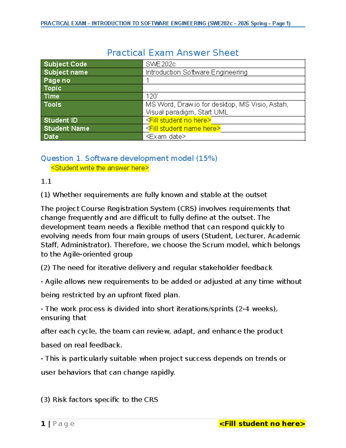 Practical Exam Answer Sheet for SWE202c: Software Engineering 2026 ...