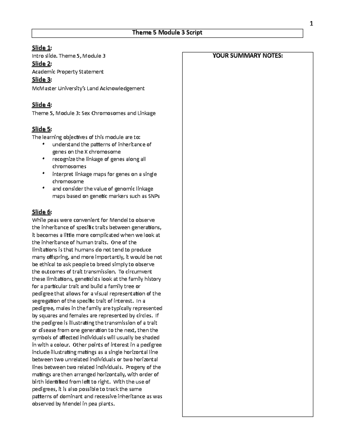 Theme 5 Module 3 Summary Notes: Sex Chromosomes & Linkage - BIO1A03 ...
