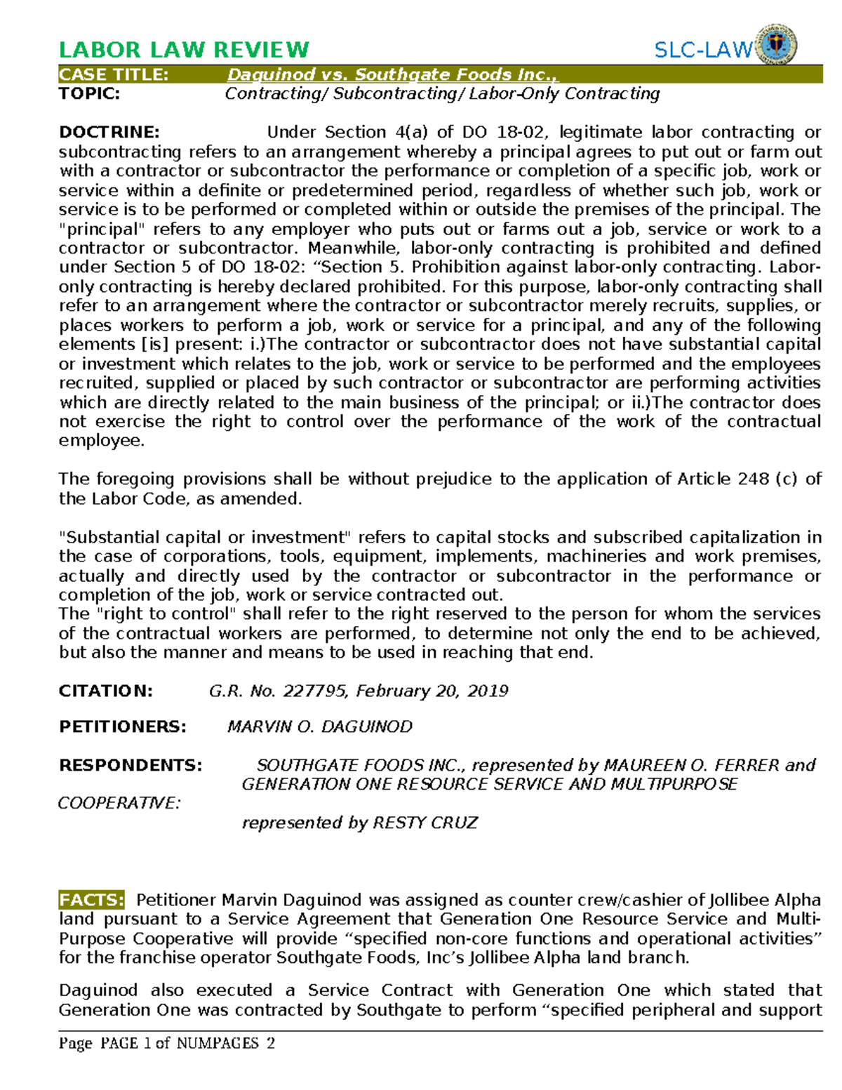 Daguinod vs. Southgate Foods Inc: Labor Law Case Analysis SLC-LAW - Studocu
