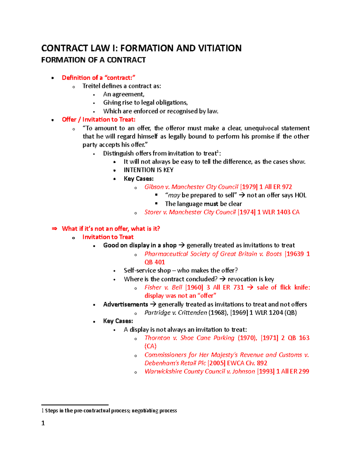 Contract LAW Lecture Notes - CONTRACT LAW I: FORMATION AND VITIATION ...