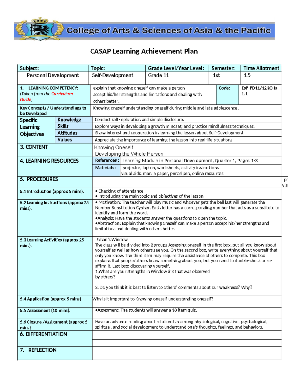 W1 Learning Achievement Plan in Personal Development (EsP-PD11/12KO-Ia ...