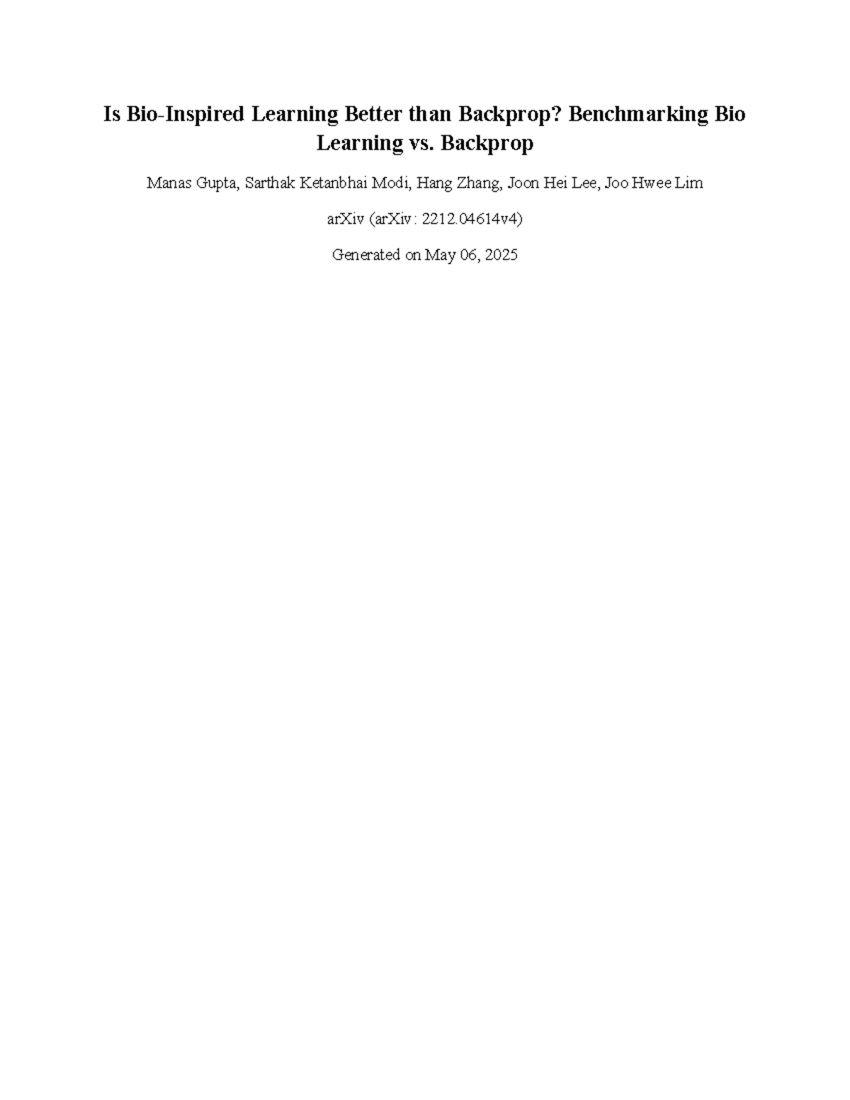 Is Bio-Inspired Learning Better than Backprop Ben - Backprop Manas ...