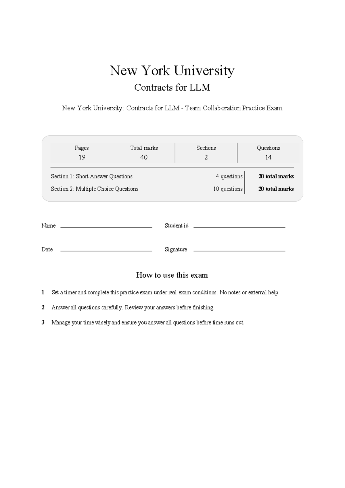 NYU LLM Team Collaboration Practice Exam: Contracts Overview - Studocu
