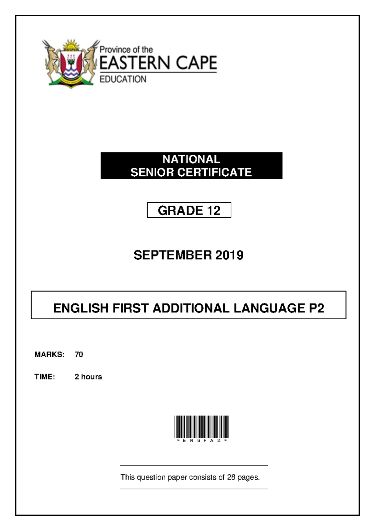 Grade 12 English First Additional Language P2 QP Sept 2019 Final Exam ...