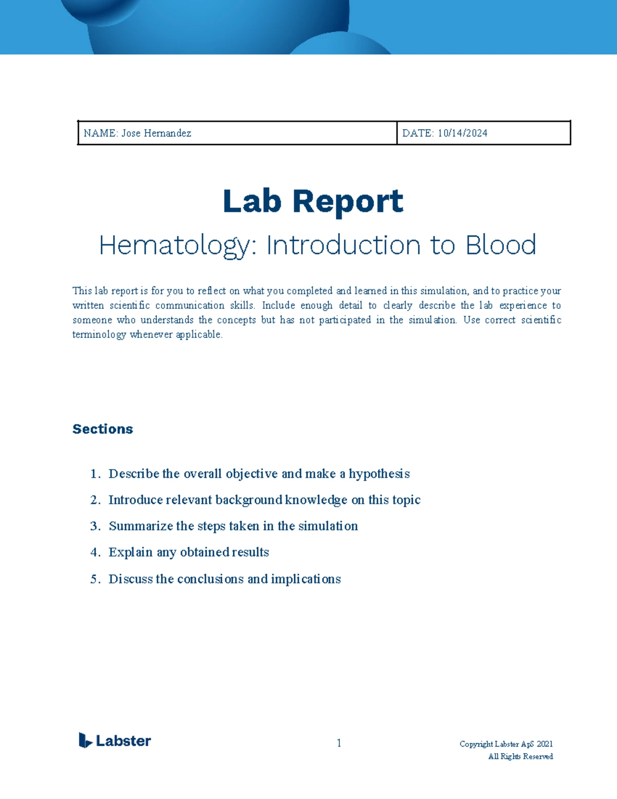 Lab Report Hematology Introduction to Blood Updated - NAME: DATE: Lab ...