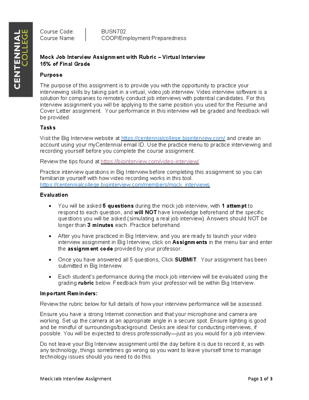 Mock Job Interview Assignment & Rubric (BUSN - COOP) - Studocu