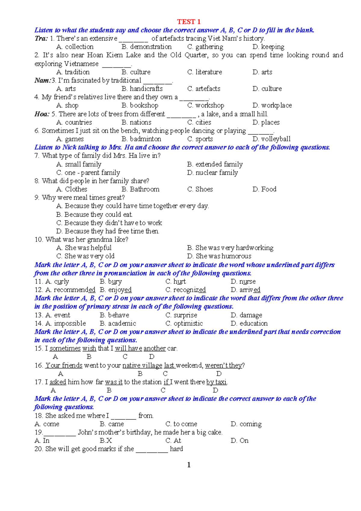 TEST 1 Listening Comprehension and Language Skills Exercises - Studocu