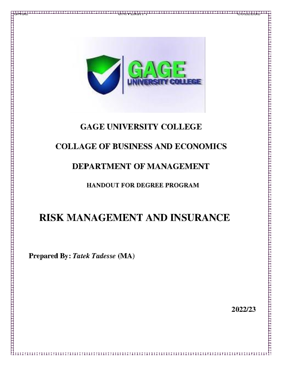 RMI 101 - Risk Management and Insurance: Chapter One Overview - Studocu