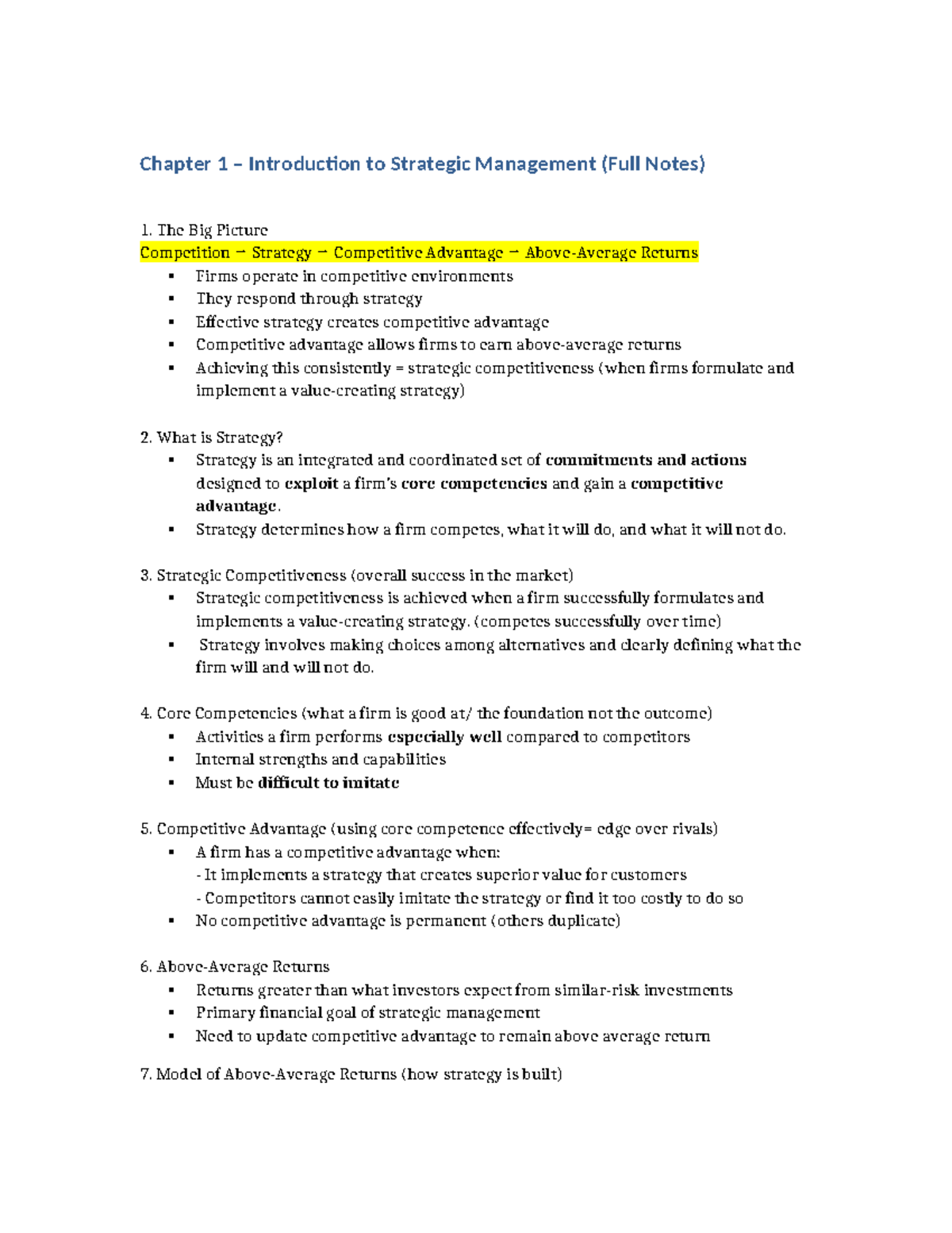 Chapter 1: Introduction to Strategic Management (Full Notes) - Studocu