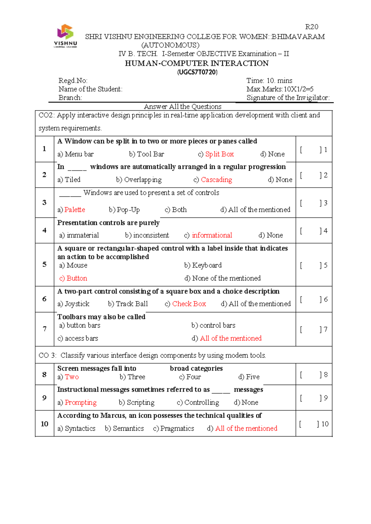 HCI Mid-2 Objective Question Paper Set-2 (UGCS7T0720) - Studocu