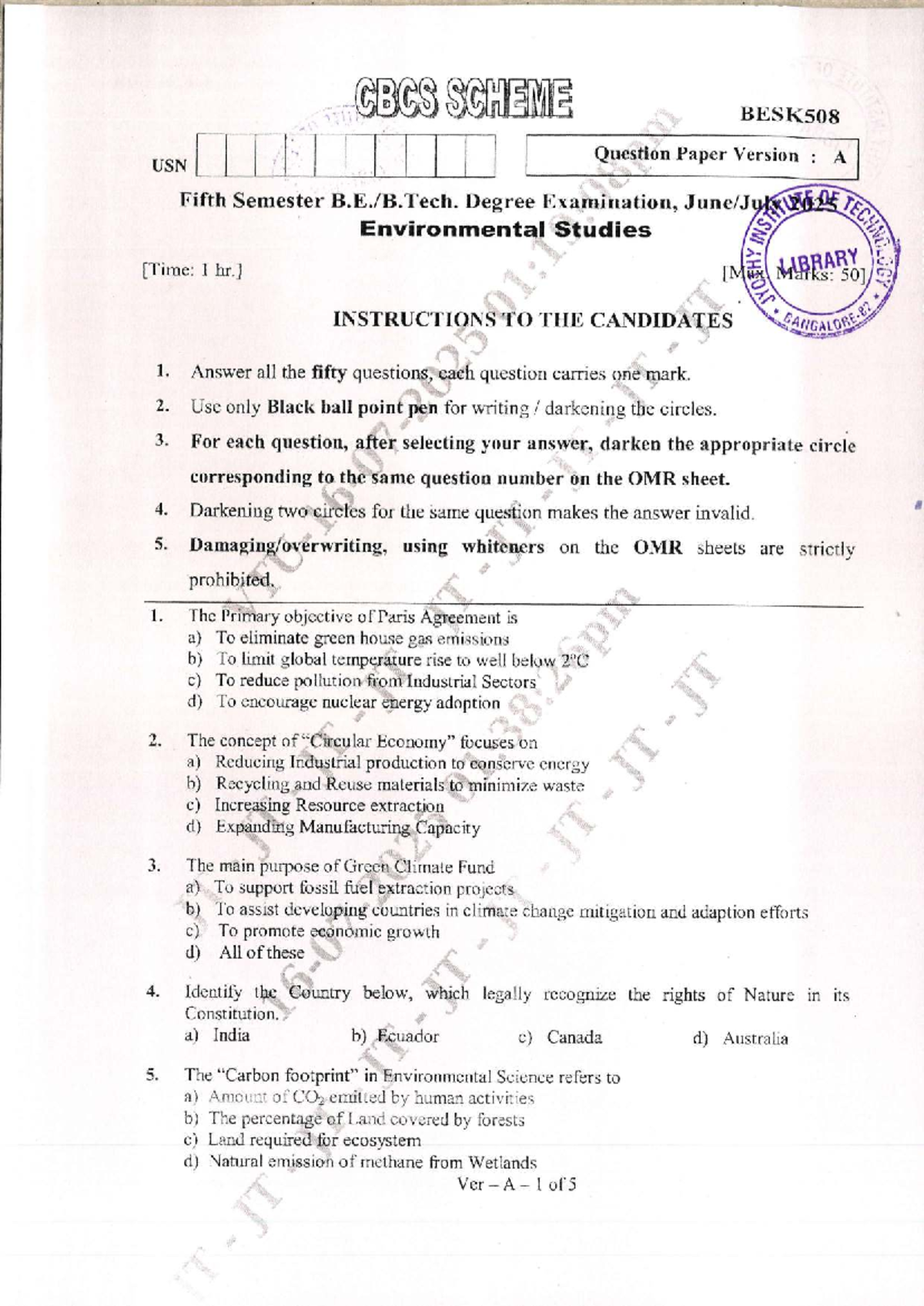 BESK508 A - Environmental Science Question Paper (Version A) - Studocu