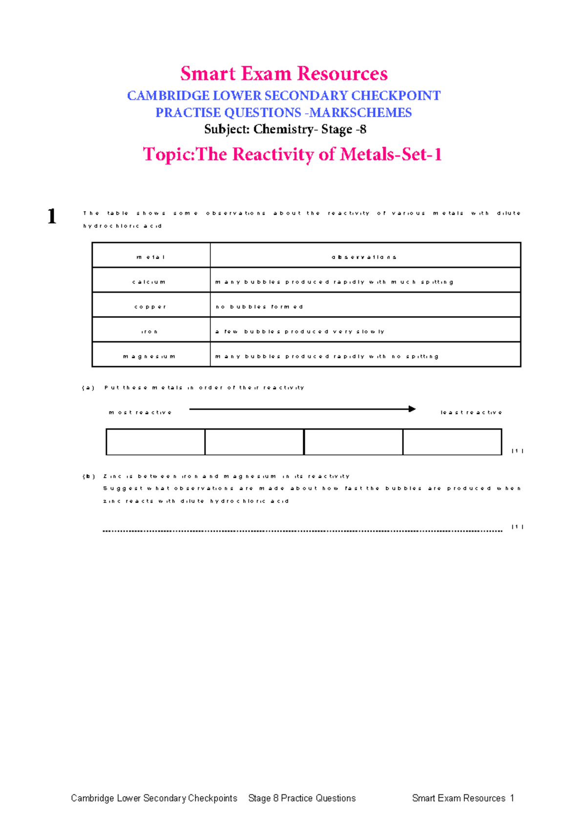 Reactivity of Metals Practice Questions - Cambridge Lower Secondary ...