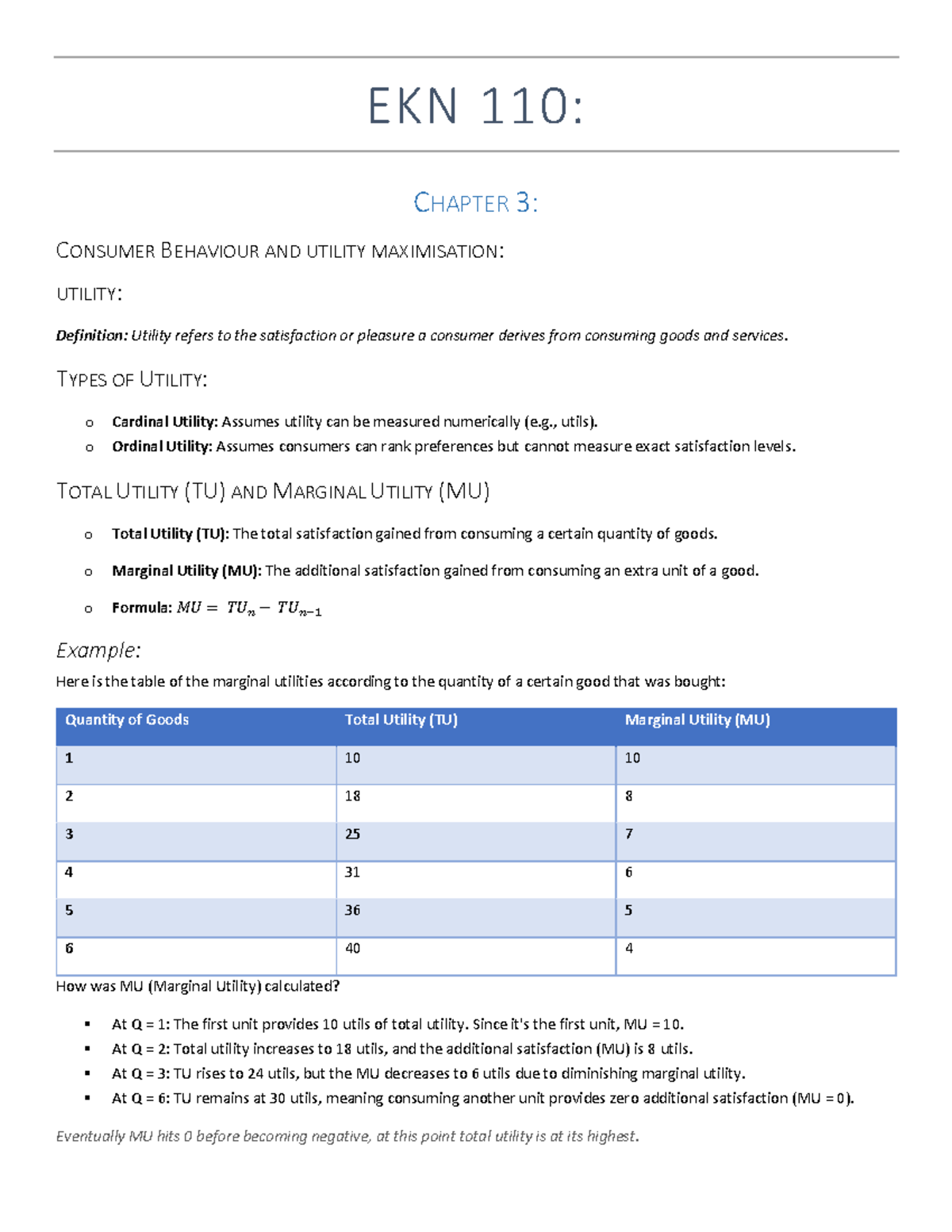 EKN 110 - Chapter 3 Summary: Consumer Behavior & Utility Maximization ...