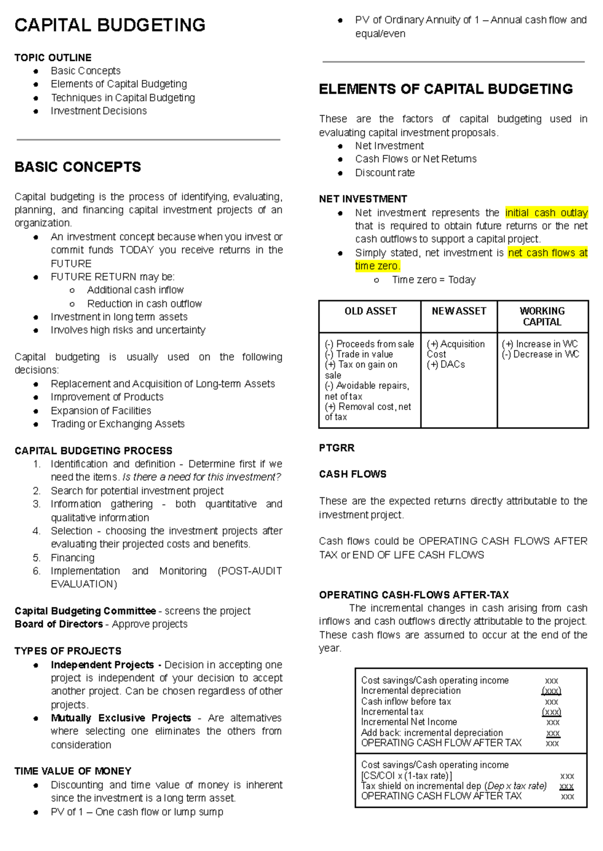 Capital Budgeting Concepts & Techniques - RESA Lecture Notes - Studocu