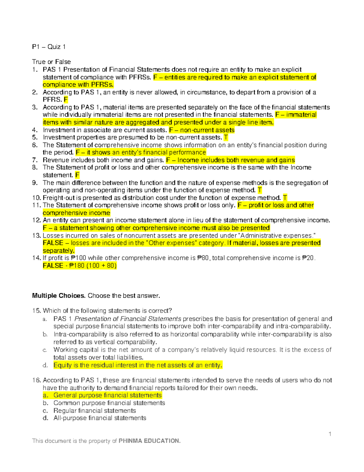 P1 - Quiz 1 - Accounting Questions and Answers Overview - Studocu