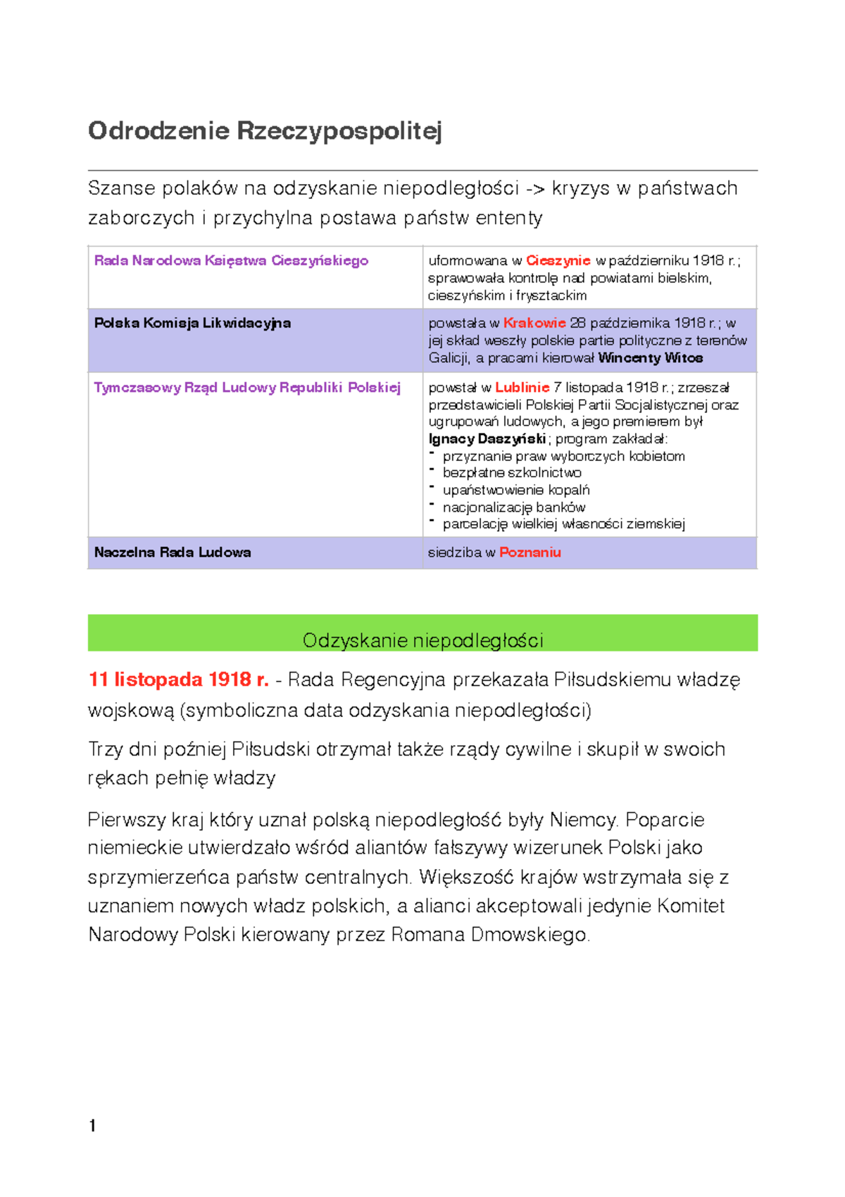 1. Odrodzenie Rzeczypospolitej - Odrodzenie Rzeczypospolitej Szanse