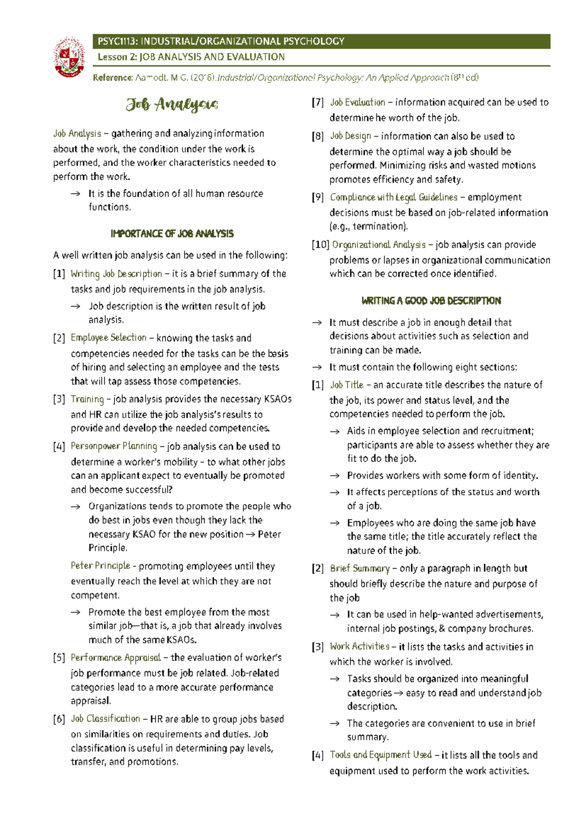 Week 2 - Job Analysis and Evaluation - Job Analysis Job Analysis → ...