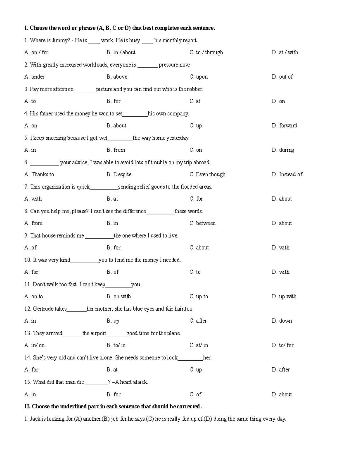 GT BT 2 - Giới Từ: Complete the Sentences and Corrections - Studocu