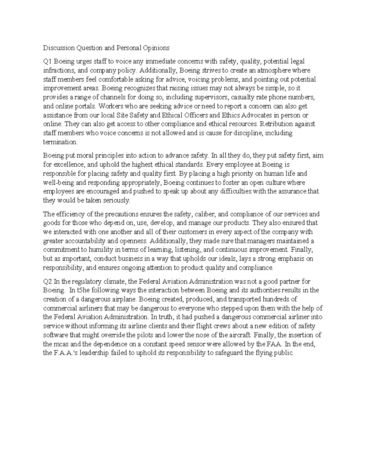 Boeing Safety Concerns & Regulatory Issues: Discussion Q1 & Q2 - Studocu