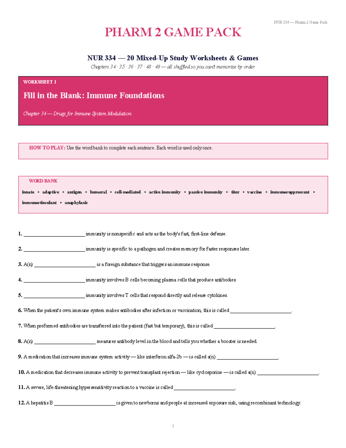NUR 334 Pharm 2 Game Pack: Study Worksheets for Chapters 34-49 - Studocu