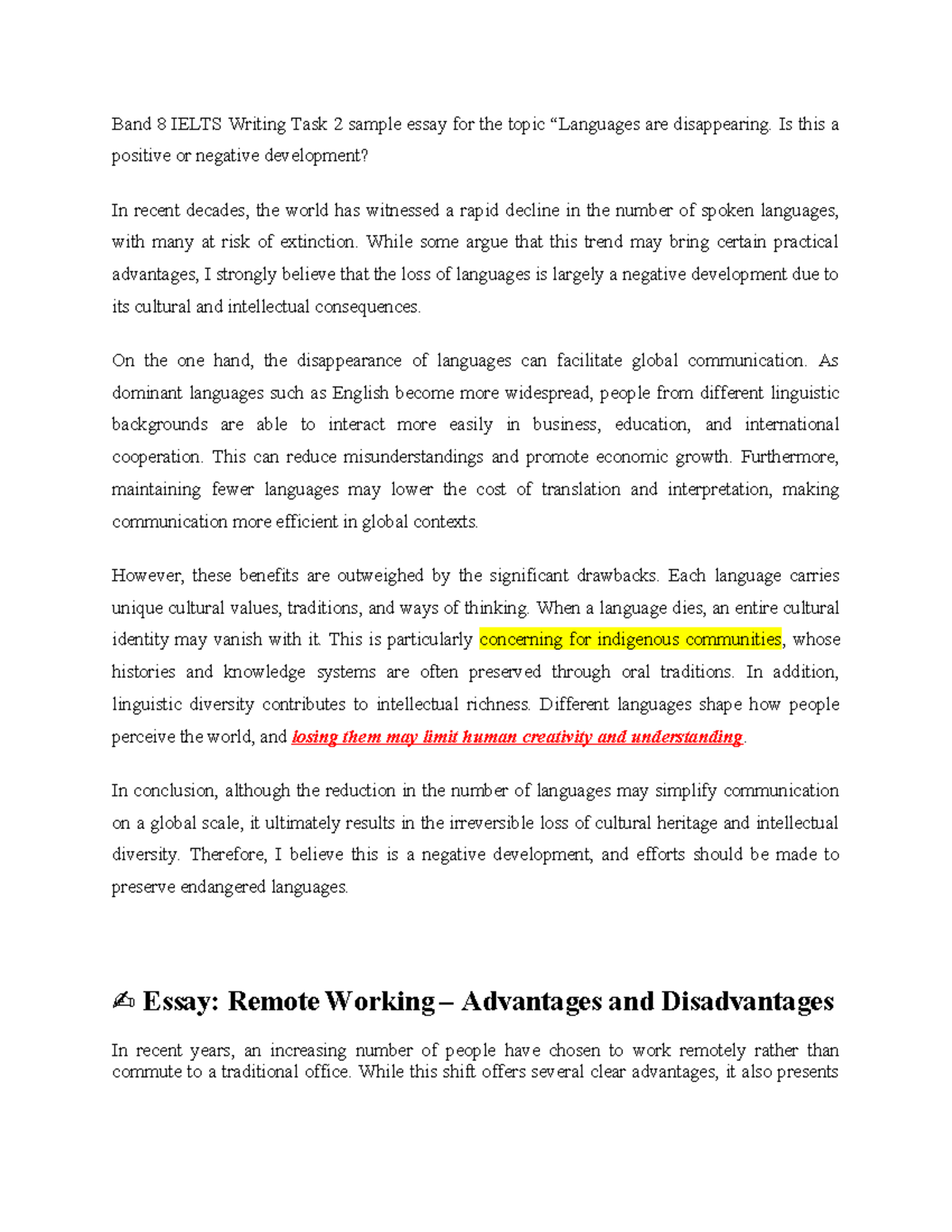 Band 8 IELTS Writing Task 2 Sample Essays: Language Loss & Remote Work ...