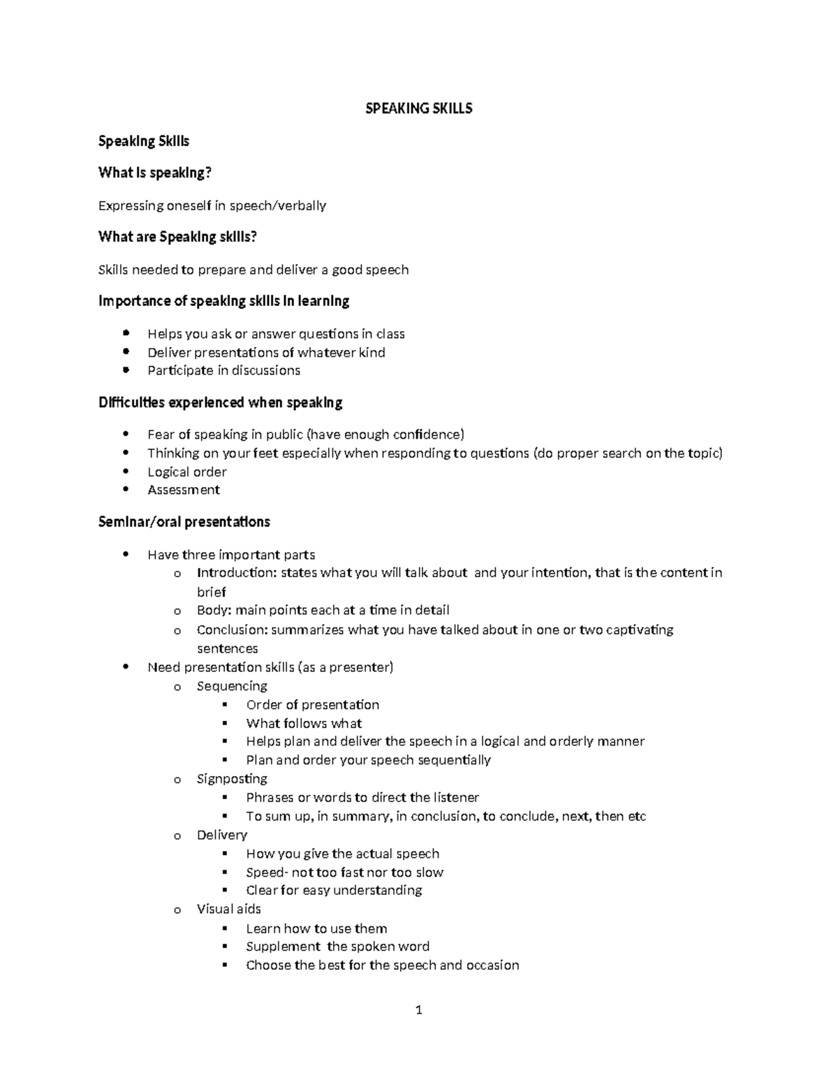 SPEAKING SKILLS: Essential Notes for Effective Communication - Studocu