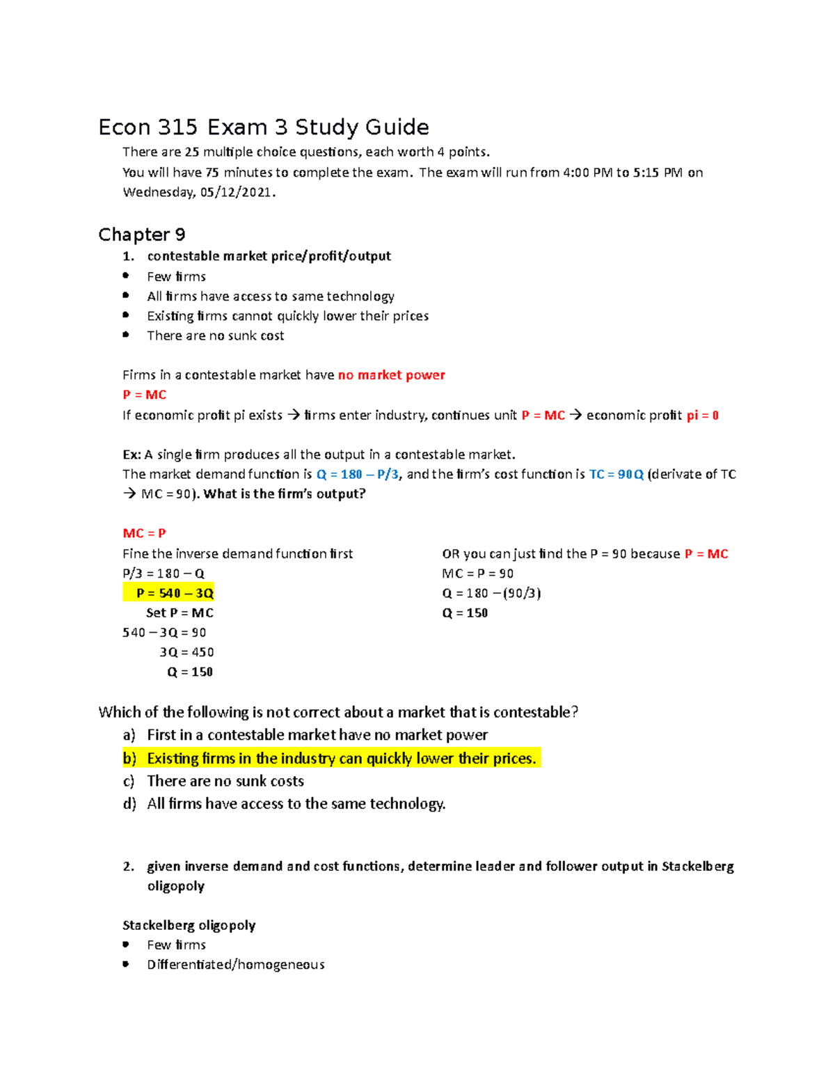 Econ 315 Exam 3 Study Guide: Key Topics & Practice Problems - Studocu