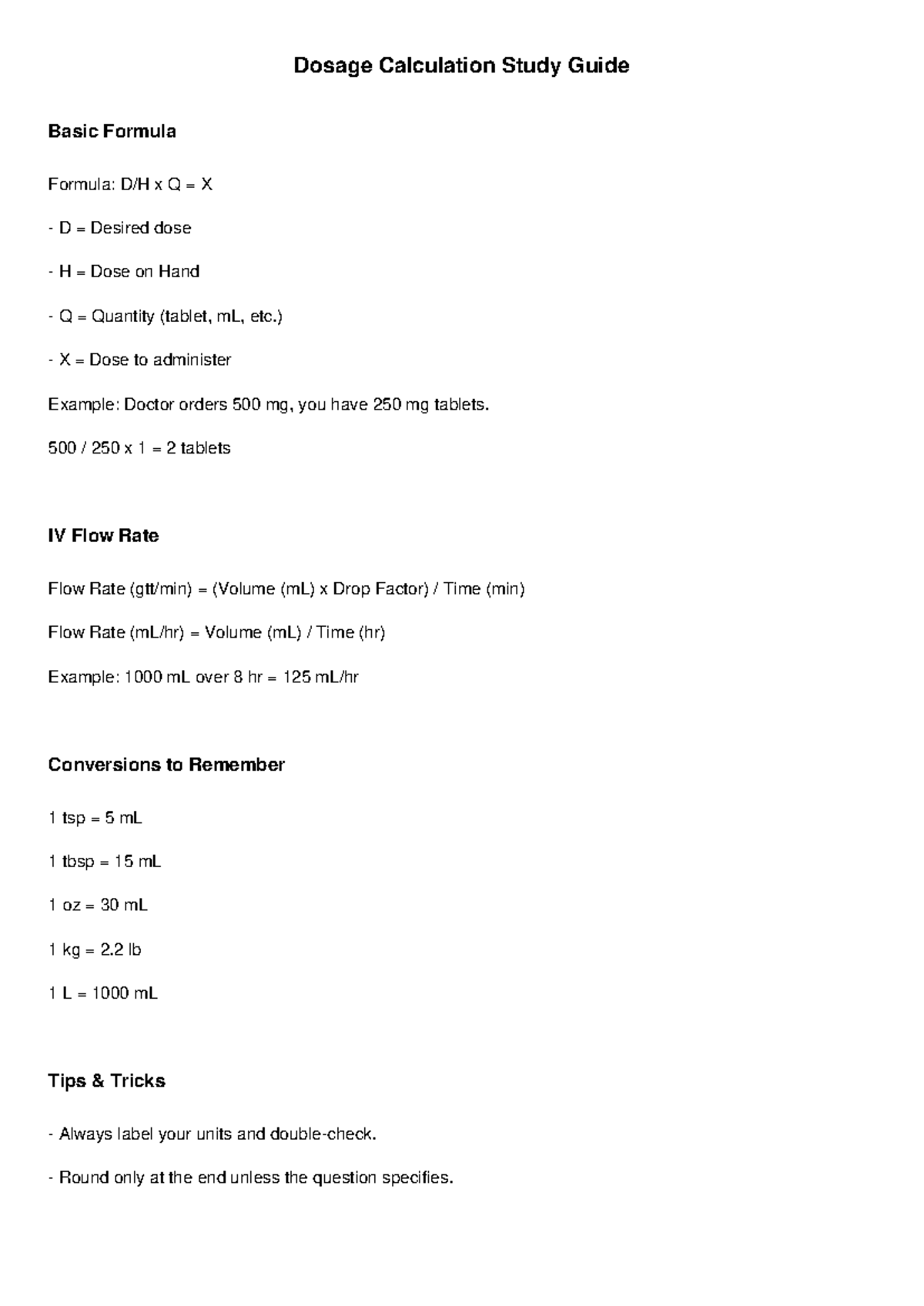 Dosage Calculation Study Guide: Basic Formulas & Conversions - Studocu