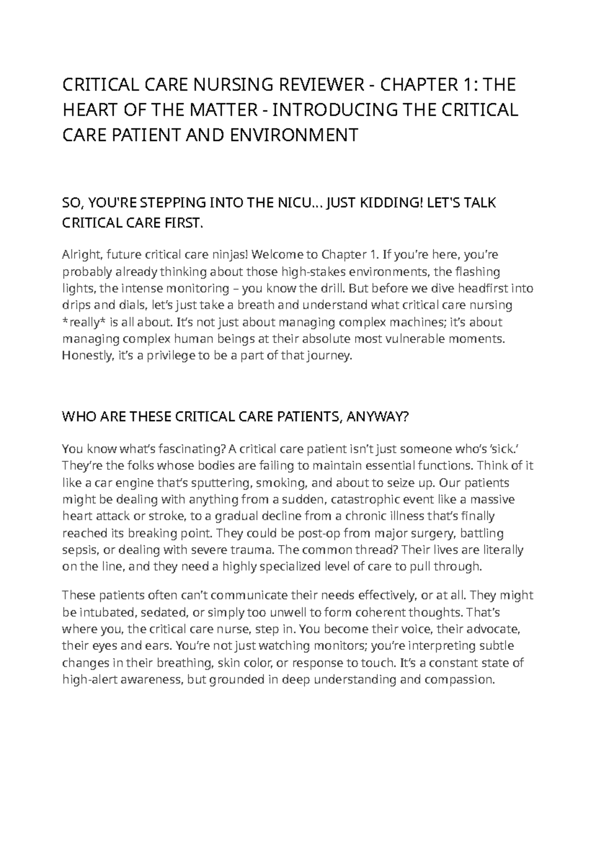Critical Care Nursing Essentials: Chapter 1 - The Heart of the Matter ...