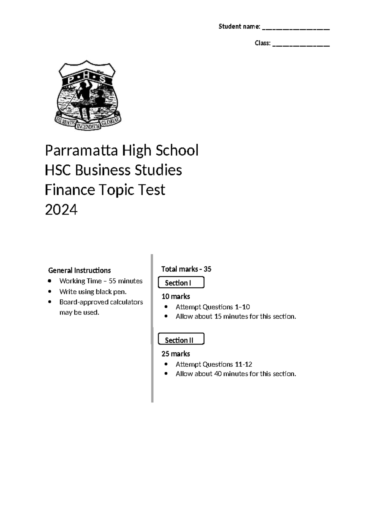 HSC Business Studies Finance Topic Test 2024 - Parramatta High School ...