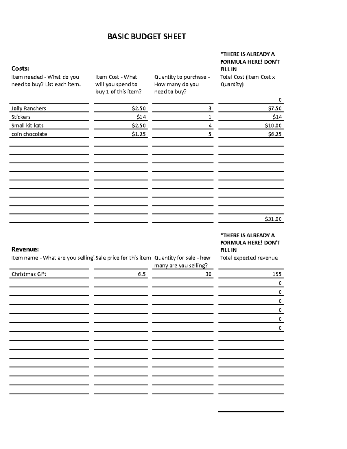 Basic Budget Sheet - Sheet 1 - BASIC BUDGET SHEET Costs: *THERE IS ...