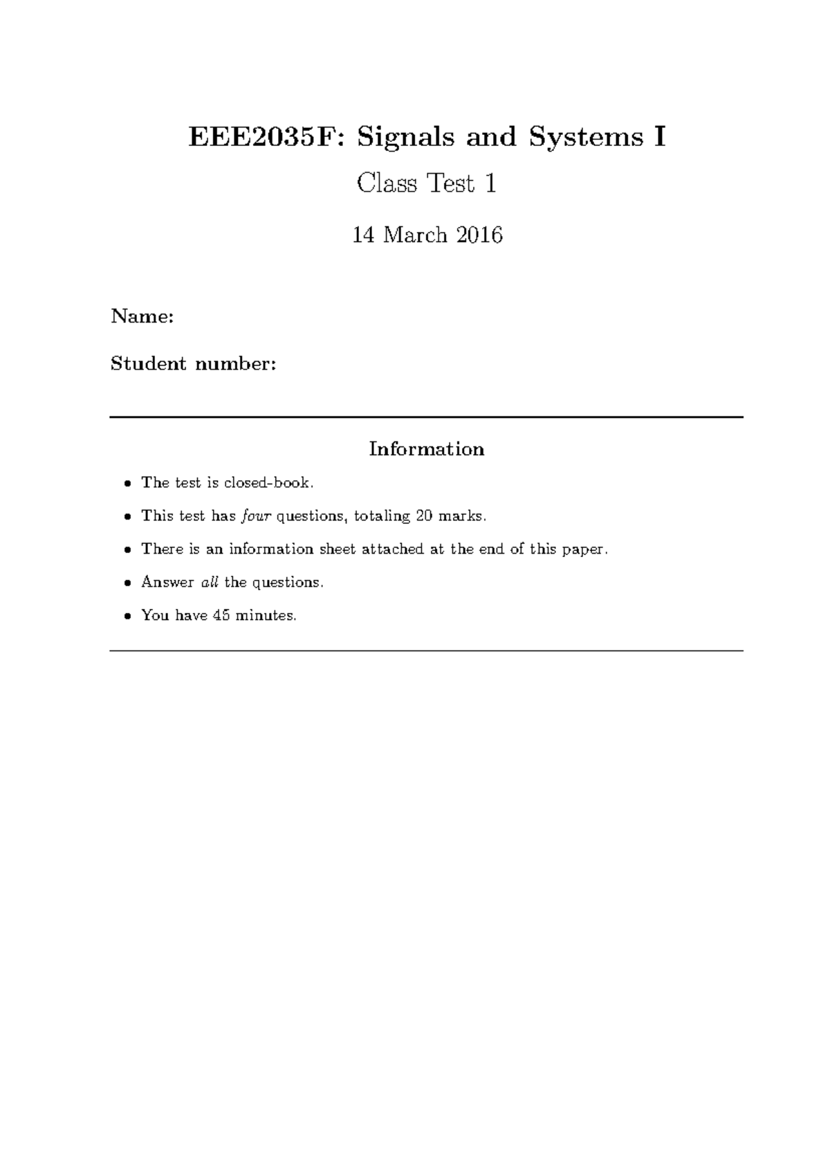 Signals and Systems I Test 1 - March 14, 2016 - Studocu