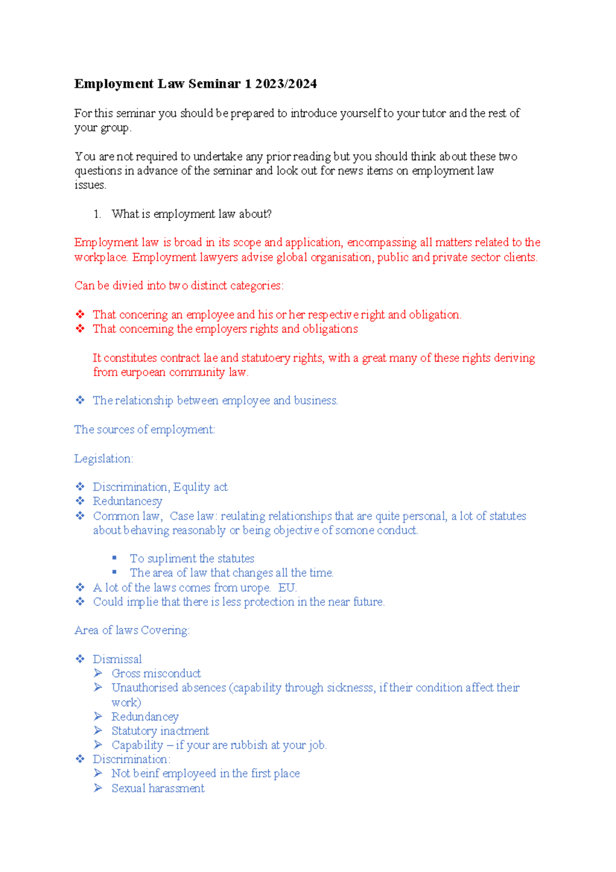 Employment Law Seminar 1: Overview and Key Issues Discussion - Studocu