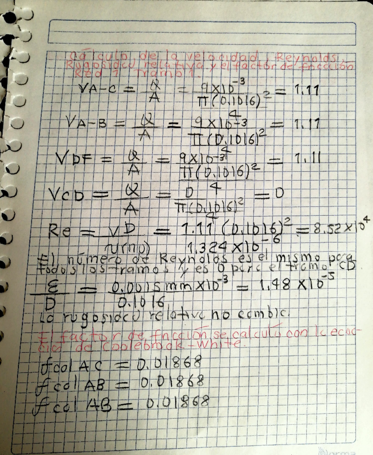 Calculo de velocidad, reynolds, rugosidad relativa y f - dajo AF E 3 1 ...