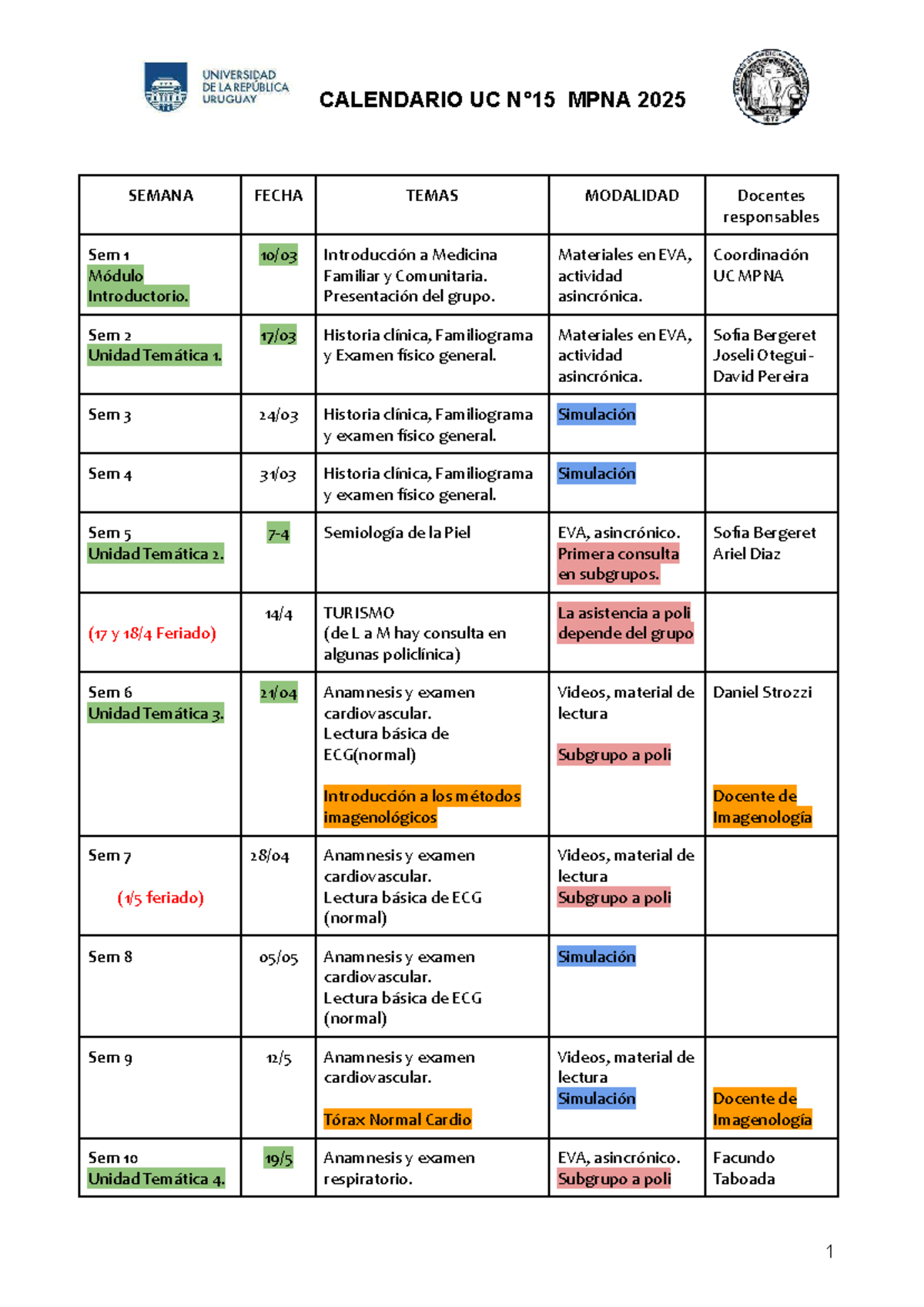 Calendario del Curso UC MPNA 2025: Exámenes y Evaluaciones - Studocu