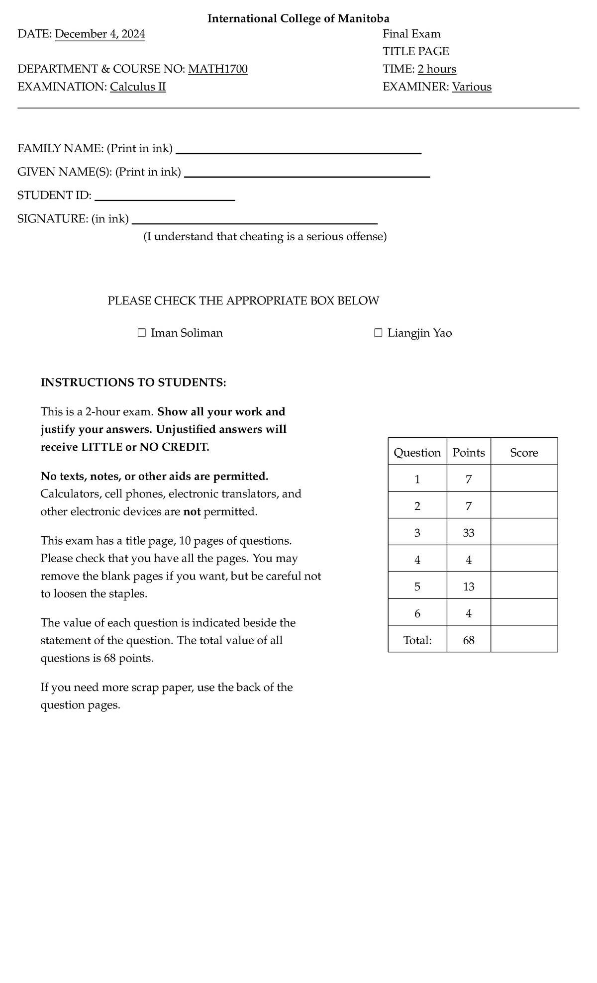 Final Exam Solutions for MATH1700 - Calculus II (Fall 2024) - Studocu