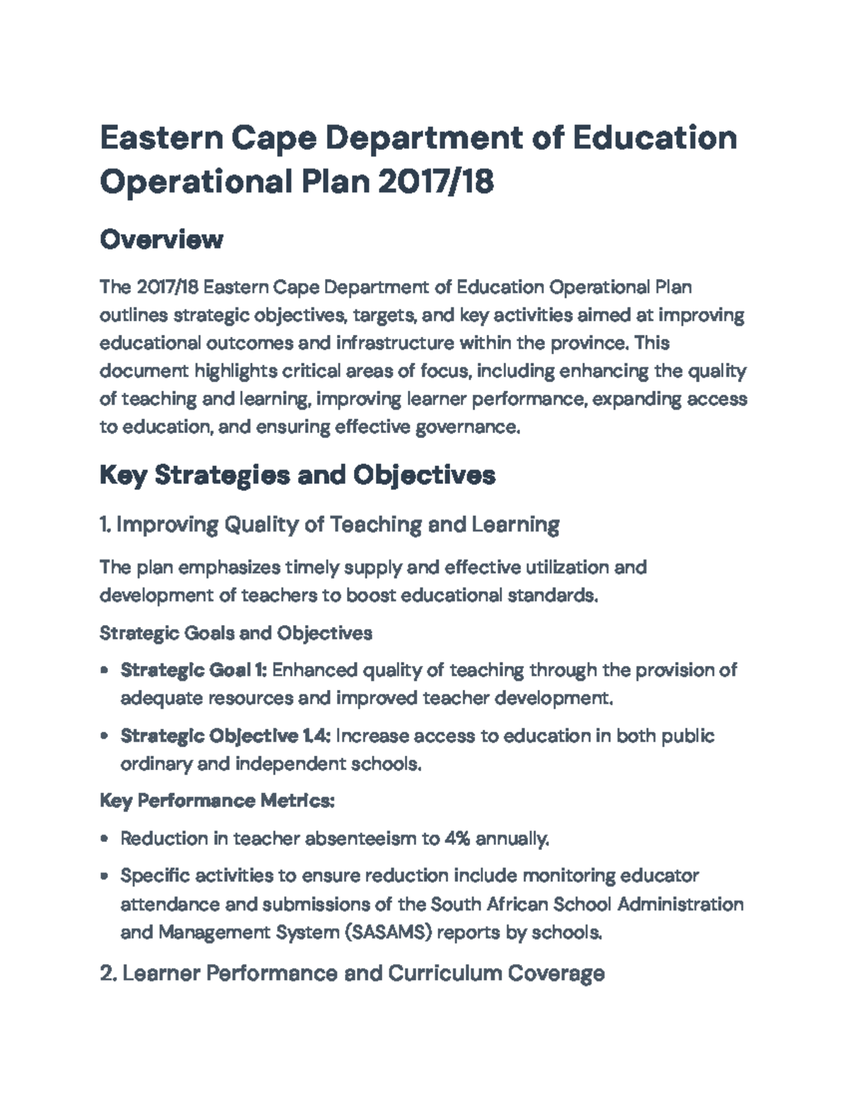 Operational Plan 2017/18: Eastern Cape Department of Education Overview ...