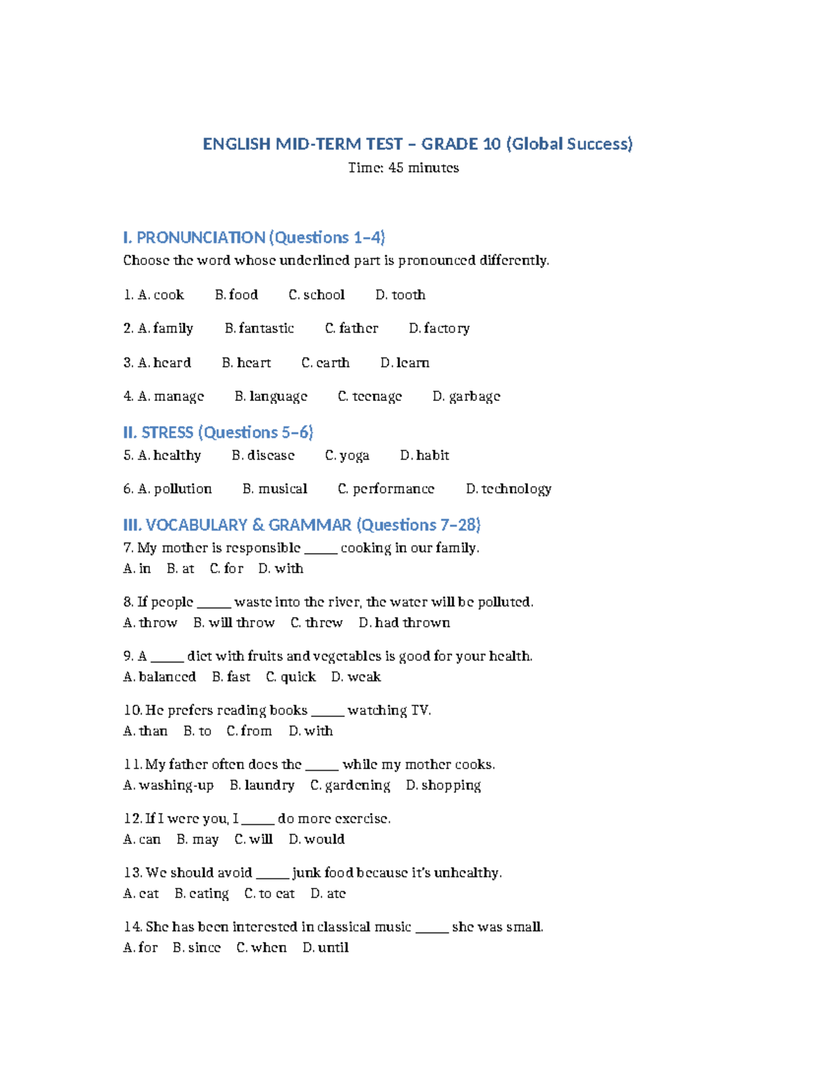 ENGLISH GRADE 10 MIDTERM TEST (Global Success) - Studocu