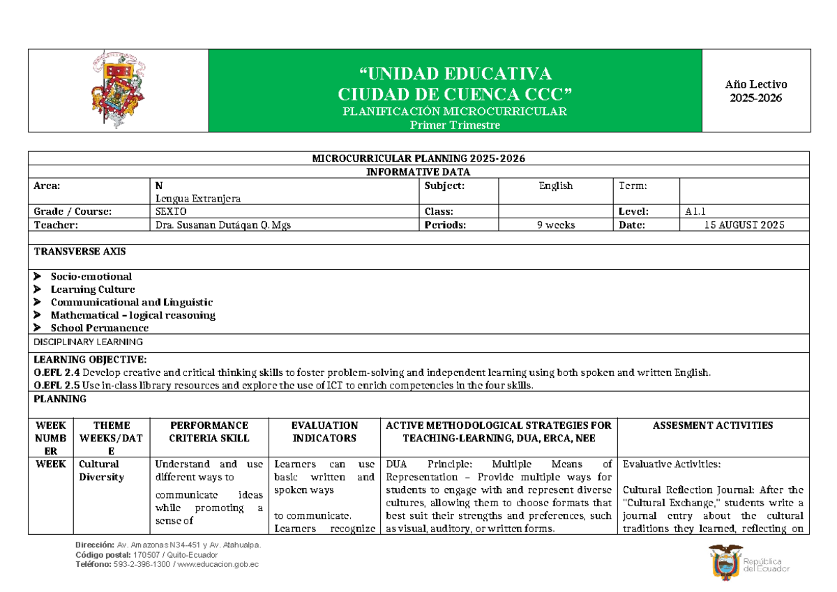 6to - Inglés - Planificación Microcurricular Primer Trimestre 2025 - Document Preview
