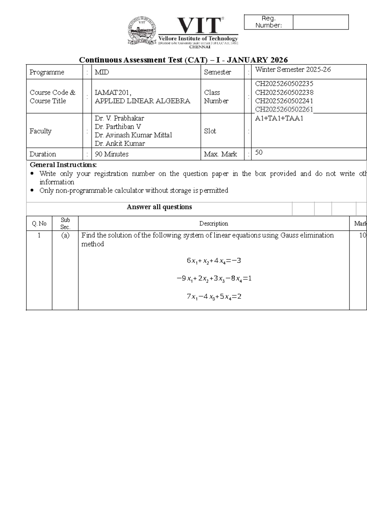A1 Solution for CAT I - IAMAT201 Applied Linear Algebra Notes - Studocu