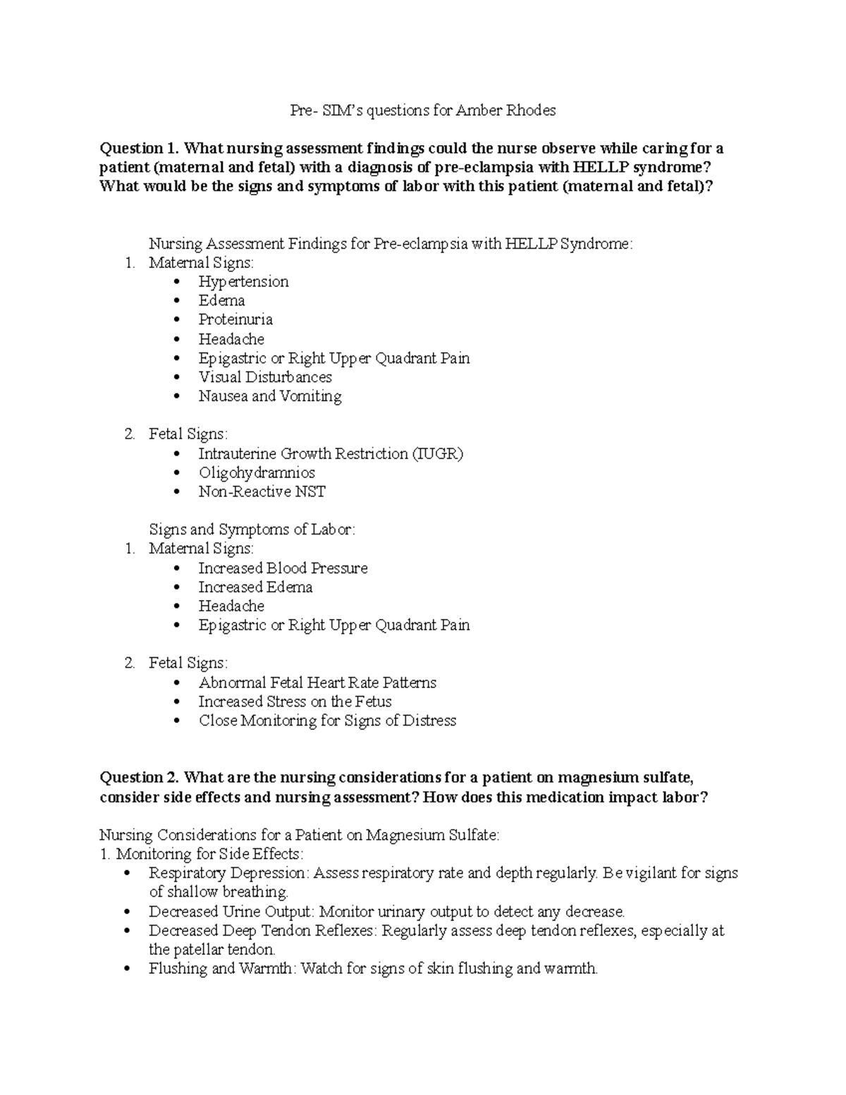 Pre-SIM Nursing Considerations for Pre-eclampsia & HELLP Syndrome - Studocu
