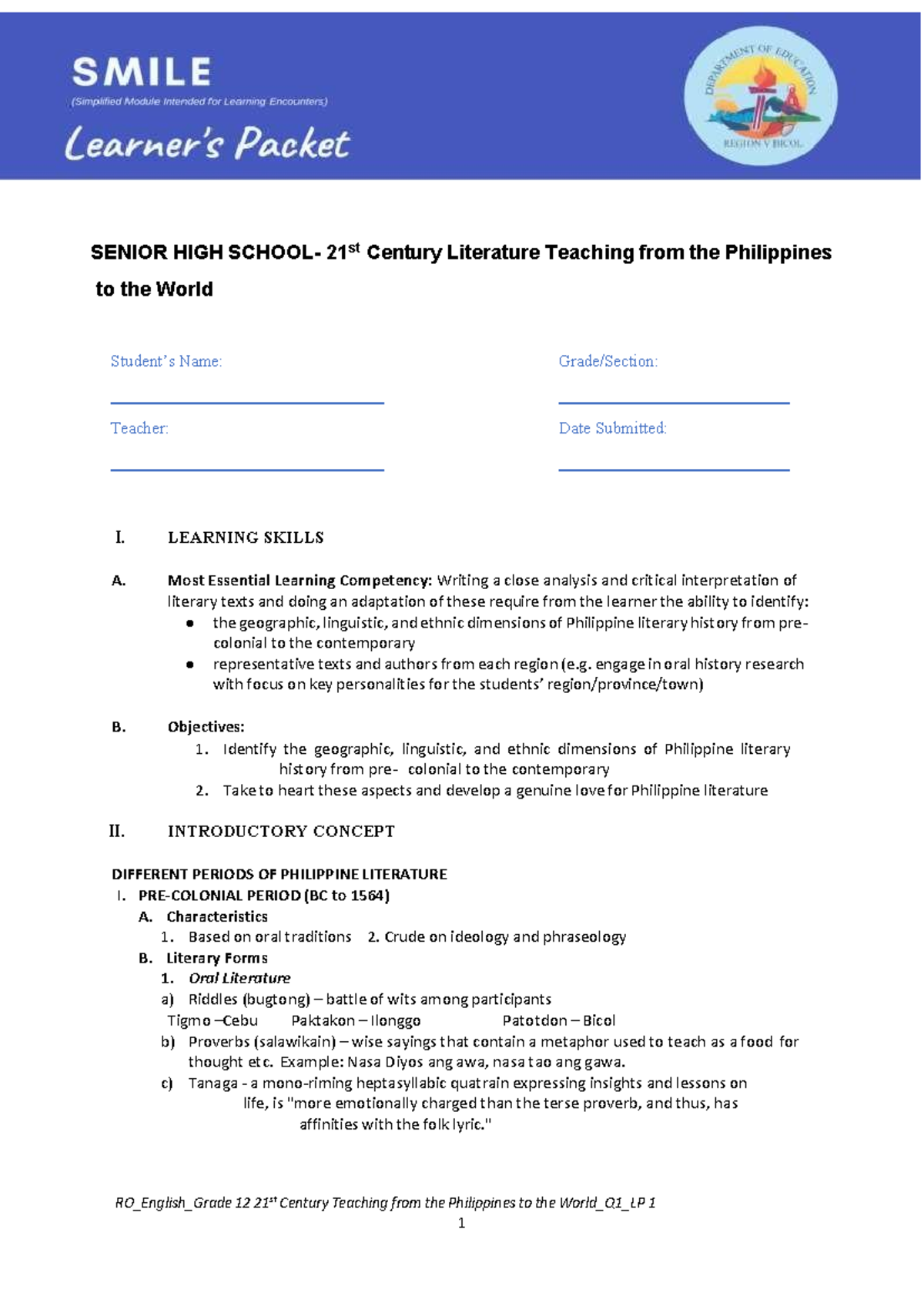 21st Century Literature Teaching - English Grade 12 Q1 Lesson Plan ...