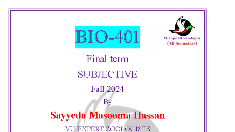 Final Exam Important Questions for Biostatistics (BIO401) Fall 2024 ...