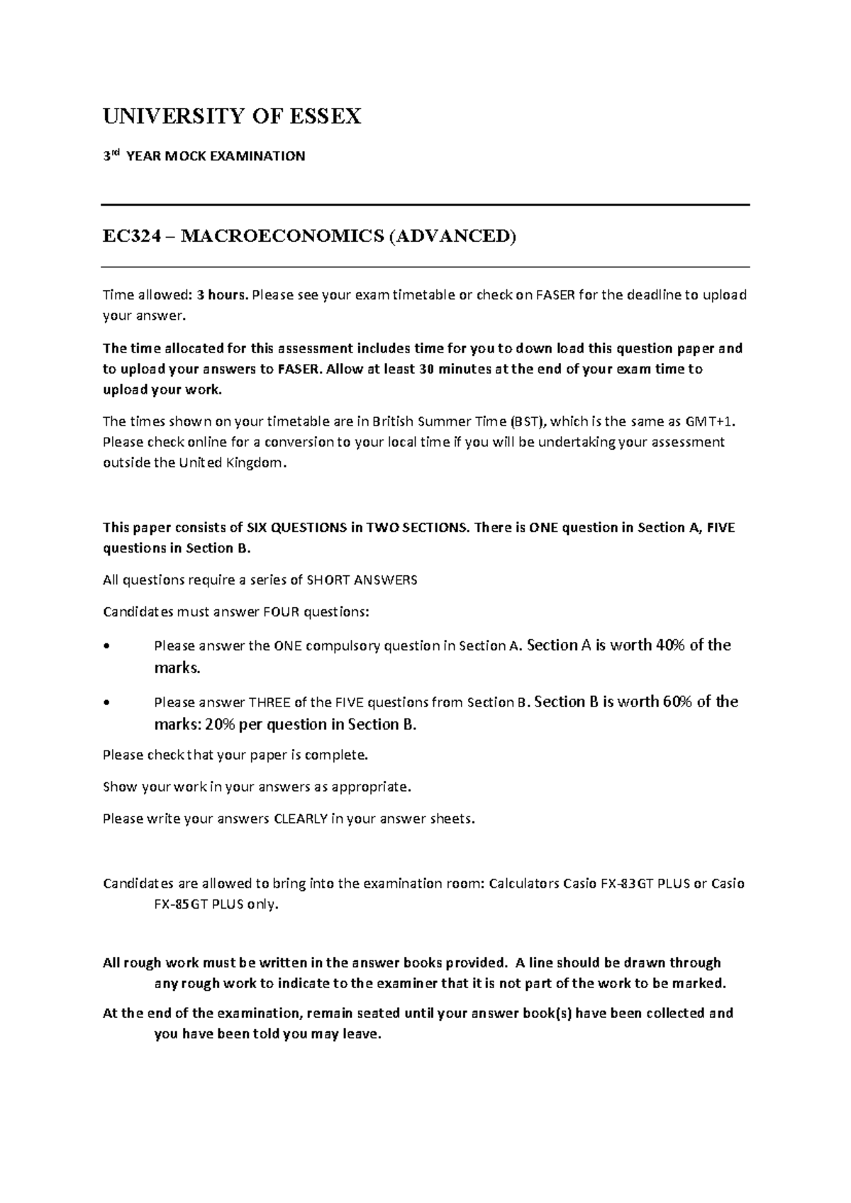 EC324 Mock Exam - Advanced Macroeconomics Practice Set - Studocu